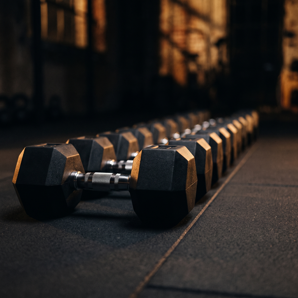Hexon dumbbells lined up by size