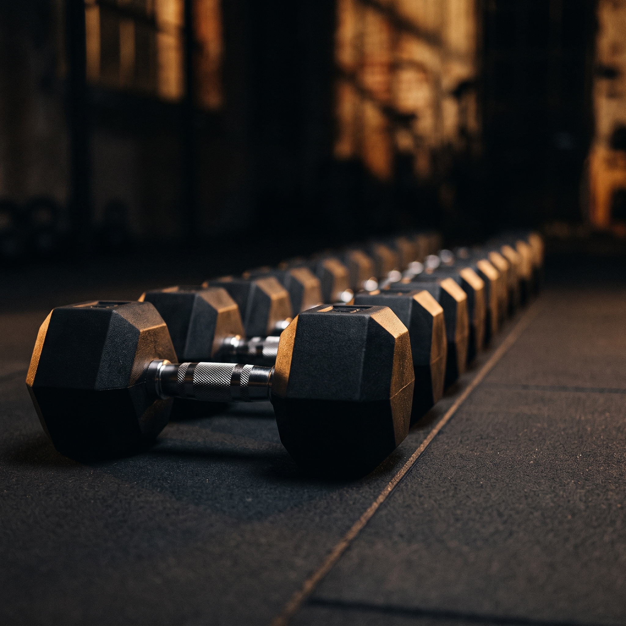 Hexon dumbbells lined up by size