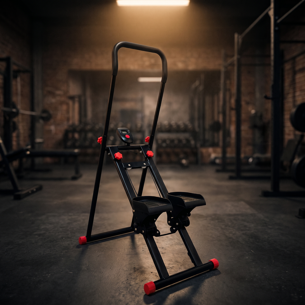 Ascend stair stepper standing on concrete in a home gym