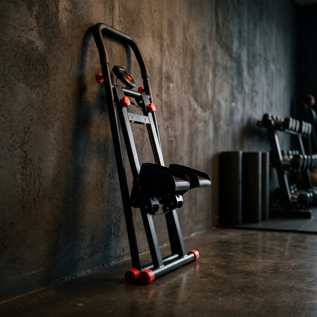 Ascend stair stepper folded flat and stored against a wall