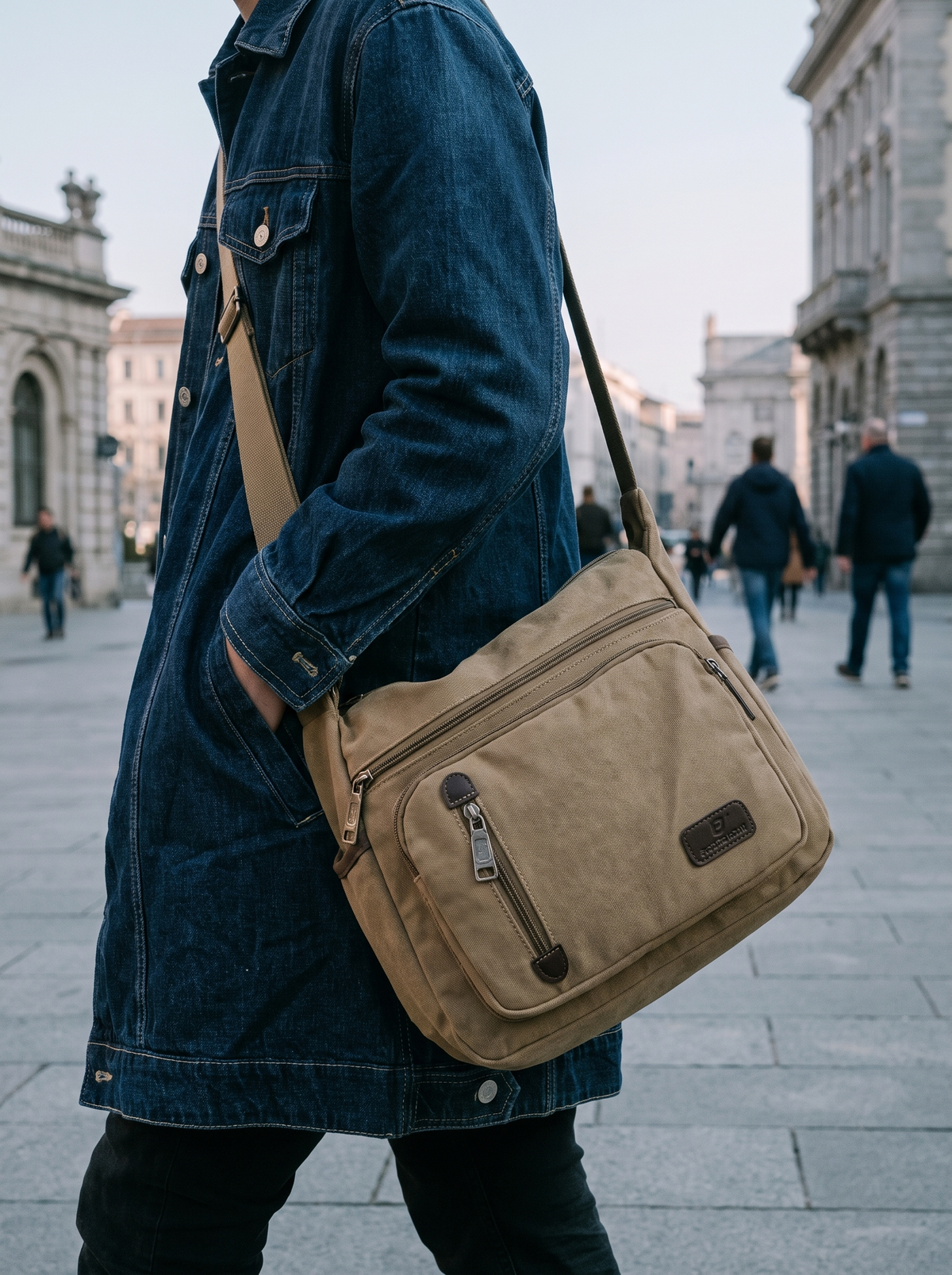 Traveller wearing the Meridian shoulder bag across the body under a pale hazy sky