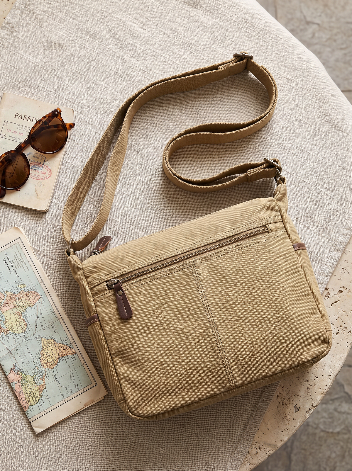 Meridian shoulder bag top down view showing stitching, top zip and strap