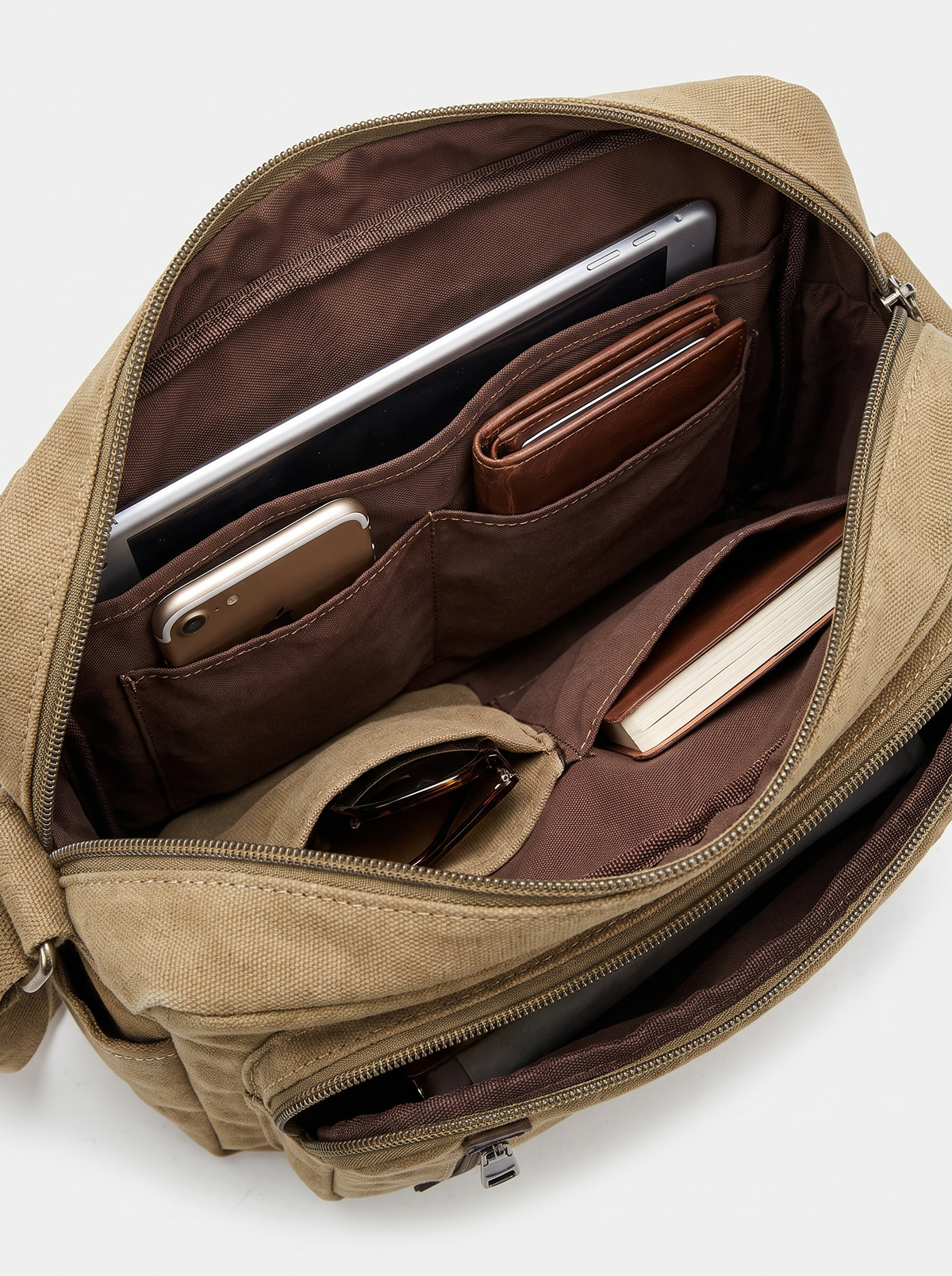 Meridian shoulder bag interior organisation and fabric close up