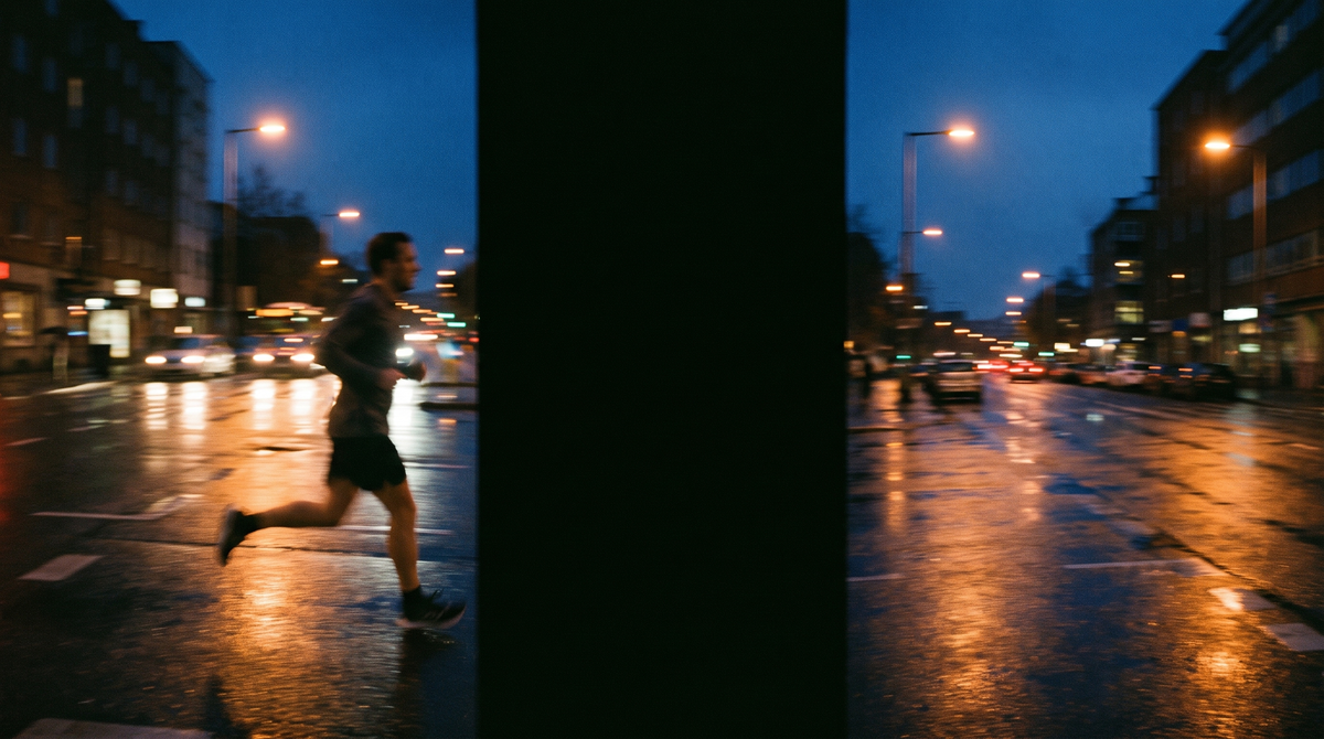 Runner on a wet city pavement at dusk, Zolt Core collection banner