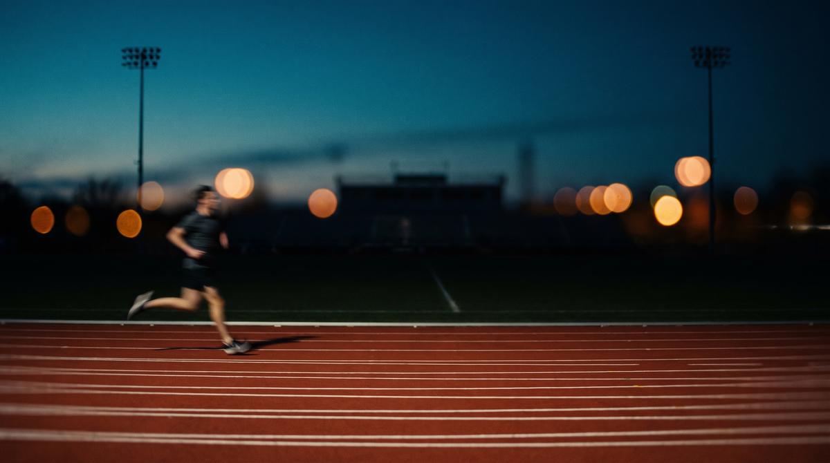 Runner in motion on a track at dusk, Zolt Core homepage banner